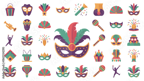 A vibrant collection of carnival icons and masks.