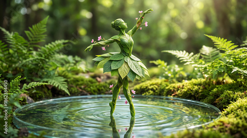 An anthropomorphic dancer figure made of green leaves in a small lake. Fantasy concept