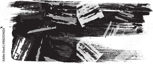 Glitch distorted grungy shape . Noised grange texture. Textured and glitched shapes .Grunge texture. Screen print and noise effect .Vector overlay background with a halftone dots screen print texture.