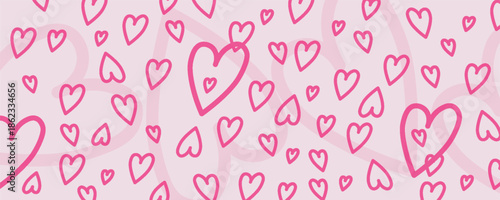 Cute romantic red love hearts on pink seamless pattern background print. Valentine's Day holiday illustration background texture, romantic wedding design.