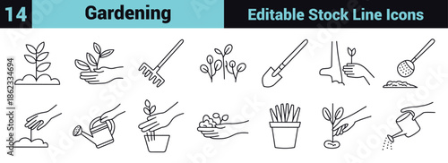 Black line icon set depicting gardening tools, plant care, sustainability, and growth in a minimal instructional style