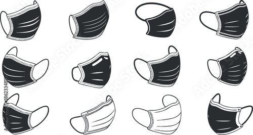 Set of minimalist black and white vector illustrations of various face masks for health and safety concepts