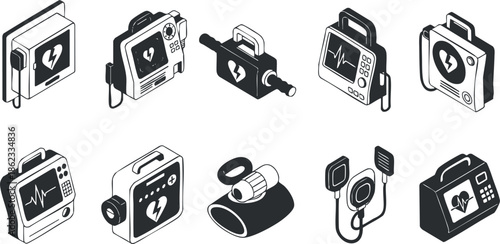 Flat design vector icon set of medical monitoring and emergency devices for healthcare applications