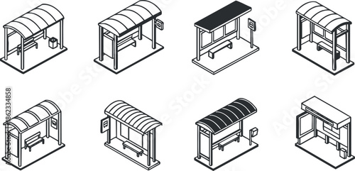 Isometric vector illustration set of various bus shelters, showcasing modern designs for urban transportation projects