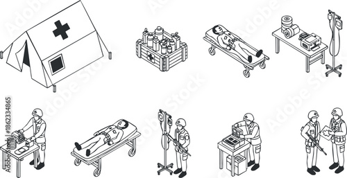 Isometric vector illustration of medical emergency scene featuring a healthcare tent, patients receiving treatment, and medical staff with equipment