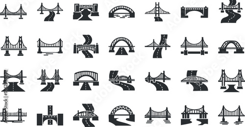 Collection of minimalist black and white vector icons featuring various bridge designs and road structures for urban planning and transportation projects