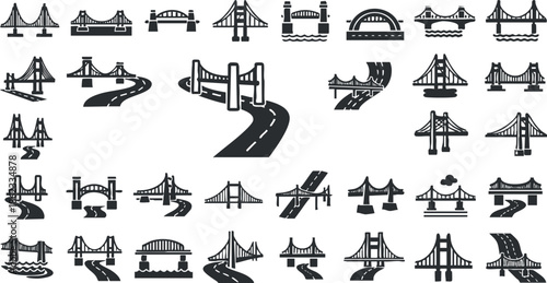 Collection of minimalist black and white vector illustrations depicting various bridge designs and road structures for urban planning and transportation projects