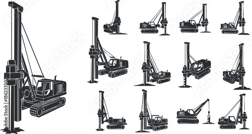 Set of black and white vector illustrations of excavators and drilling machines for construction and engineering projects