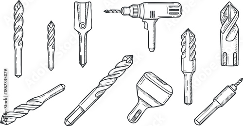 Hand-drawn vector illustration of various drilling tools and accessories for construction and repair projects
