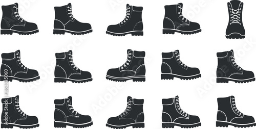 Stylish collection of black silhouette vector illustrations of various hiking boots for outdoor activities and fashion design.