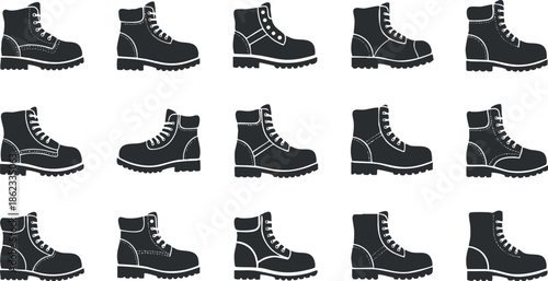 Stylish vector icon set of black silhouette hiking boots for outdoor adventure and fashion design projects