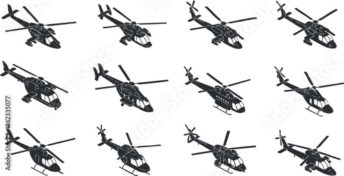 Collection of black silhouette vector illustrations of helicopters in various designs for aviation and transportation projects