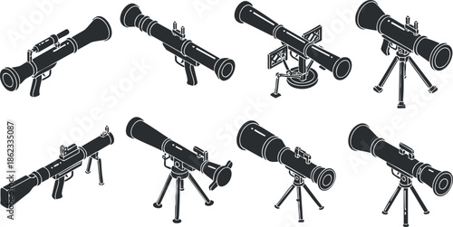 Vector illustration set of various telescope designs showcasing modern and minimalist styles for science and exploration themes