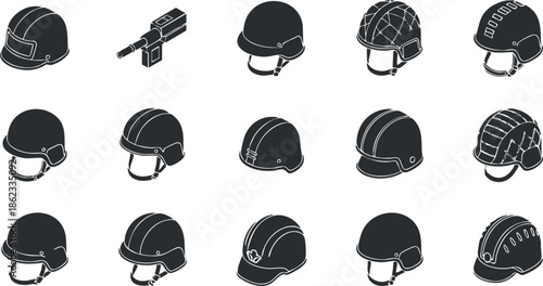 Collection of black and white vector illustrations of various helmet designs for sports and safety applications