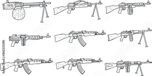 Detailed outline vector illustration of various firearms including rifles and machine guns for military and defense design projects