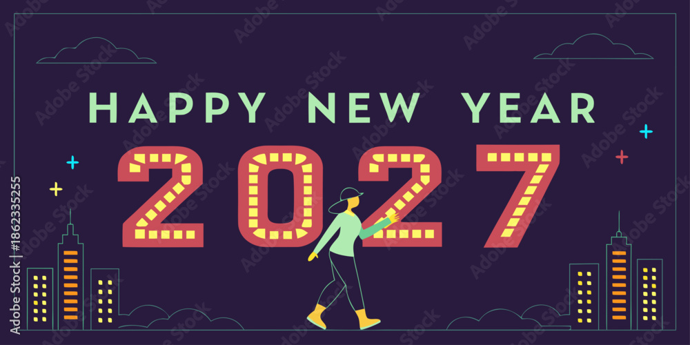Fototapeta premium HAPPY NEW YEAR 2027 – Illuminated Greeting Card with Marquee Numbers, Cityscape & Walking Figure, US