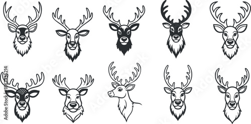 Stylized vector icon set featuring various deer head illustrations with antlers for wildlife and nature-themed projects