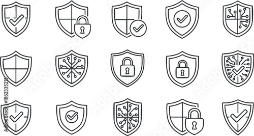 Outline vector icon set featuring security shields with locks and checkmarks for digital protection concepts