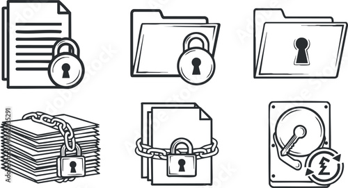 Outline vector icons depicting file security concepts including locked folders, documents, and data protection for technology and security applications