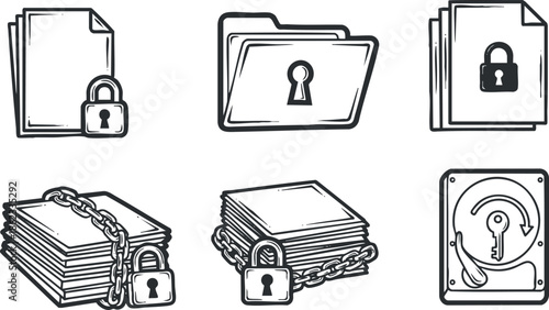 Outline vector illustration of secure documents and files with padlocks and chains for data protection concepts