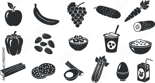 Collection of black and white vector illustrations of fruits and vegetables for healthy eating concepts and dietary design.