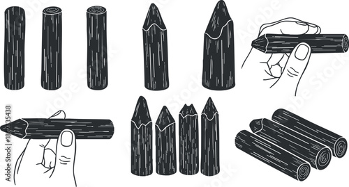 Hand-drawn vector illustration of various pencil shapes and holding techniques for art and design projects