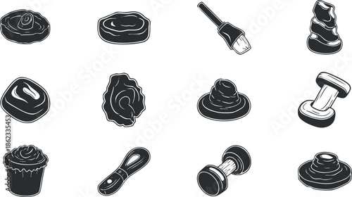 Set of minimalist black and white vector icons featuring various desserts and baking tools for culinary design projects