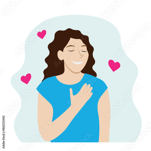 Portrait of a happy joyful girl putting her hand on her heart, flat vector illustration isolated on white background, gratitude
