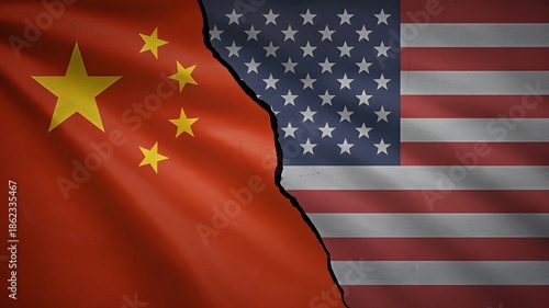 Torn flags of China and USA symbolizing global tension