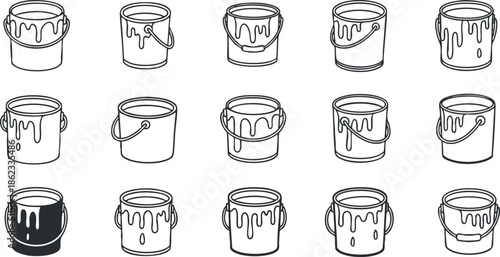 Set of minimalist black and white vector illustrations featuring paint buckets with varying designs and drips for art and renovation projects