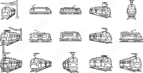 Collection of minimalist vector icons depicting various train designs and railway vehicles for transportation and travel projects