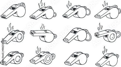 Outline vector illustration collection of whistles in various positions for sports and coaching applications