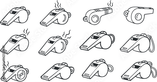 Outline vector illustration of various whistle designs ideal for sports, coaching, or signaling activities