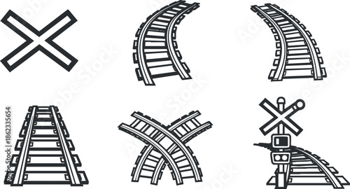 Vector illustration set of railway tracks, crossings, and directional elements for transportation and design projects
