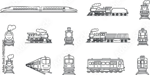 Outline vector illustration set featuring various types of trains including steam, high-speed, and commuter models for transportation design projects