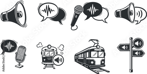 Vector icon set featuring sound elements, including microphones, loudspeakers, train illustrations, and speech bubbles for communication themes