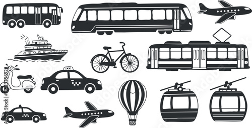 Collection of black and white vector icons depicting various modes of transportation including bus, train, bicycle, and airplane for design projects.