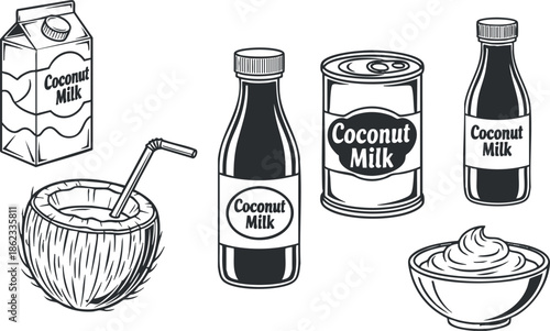 Outline vector illustration of various coconut milk products including bottles, cans, and a coconut bowl for food and beverage design.