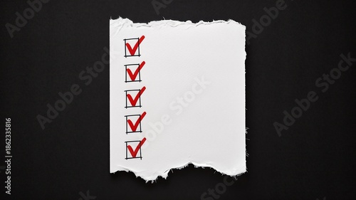 Torn paper with checklist of red checkmarks on black background