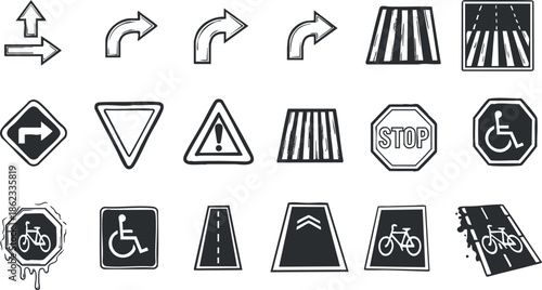 Vector icon set featuring various traffic signs including directional arrows, warning signs, stop signs, and bicycle symbols for urban design and safety applications
