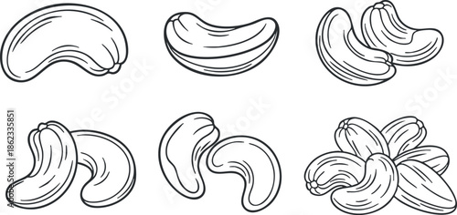 Outline vector illustration set of various cashew nuts for food packaging, recipe design, or healthy eating concepts