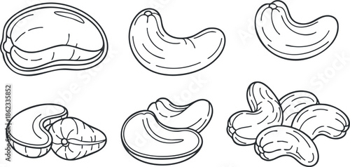 Outline vector illustration of cashew nuts in various shapes, perfect for food-related design projects and healthy eating themes
