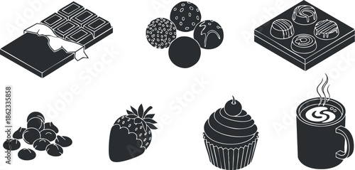 Minimalist black and white vector illustration of a dessert collection featuring chocolate, cupcakes, strawberries, and truffles for food-related design projects