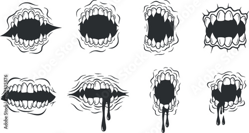 Set of eight stylized vector illustrations of open mouths in various expressions, ideal for graphic design and horror themes