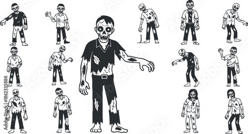 Set of cartoon zombie vector illustrations in black and white style for Halloween and horror-themed designs