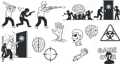 Vector illustration set featuring zombie apocalypse characters, weapons, brains, and game over symbols for gaming and horror themes
