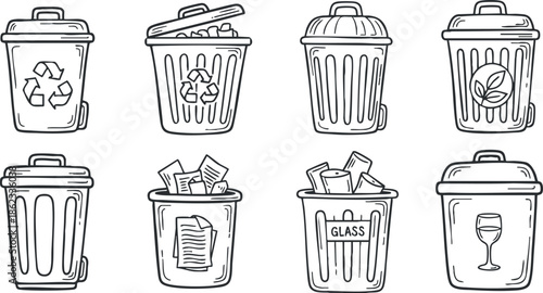 Outline vector icon set of different types of trash bins for recycling and waste disposal in a clean style
