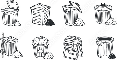 Collection of vector illustrations featuring various trash bins and containers in a simple black and white style for waste management concepts