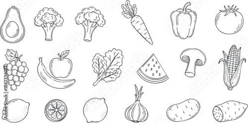 Hand-drawn vector illustration of various fruits and vegetables in an outline style for healthy eating and culinary design projects