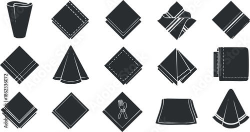 Collection of minimalist black and white vector illustrations of various napkin designs for dining and catering purposes